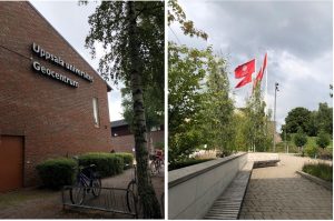 Geocentrum from the outside and Uppsala university flags