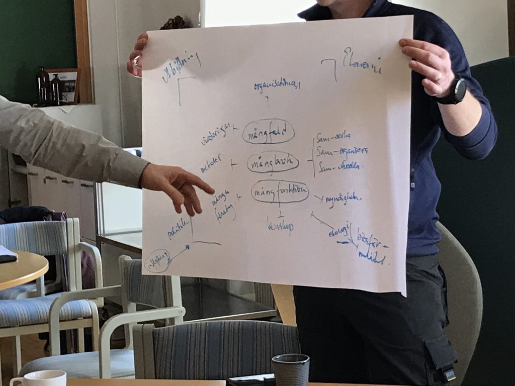 Flödesdiagram på pappersark som hålls av en av forskarna i projektet medan en annan förklarar