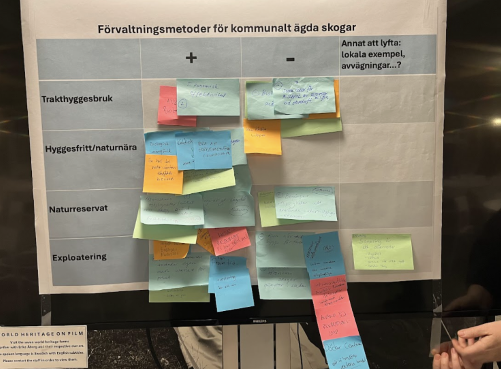 Post-it lappar på ett stort pappersark med en tabell som deltagarna har använt för att lyfta fram olika aspekter om skogsbruk